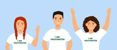 jeunes avec des inscriptions sur des t-shirts - je suis vacciné vecteur