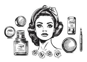 produits de beauté ensemble ancien esquisser main tiré dans griffonnage style illustration vecteur