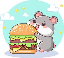 kawaii graisse hamster dans dessin animé Japonais style en mangeant une géant Burger sur une bleu Contexte avec des nuages. vecteur plat pour enfant, bébé, décor, chambre, vacances.