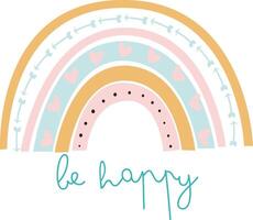 mignonne vecteur arc en ciel dans scandi pastel nuances, des nuages avec cœurs, gouttes de pluie, kawaii adorable pour fille, délicat dessins boho dans Facile plat style