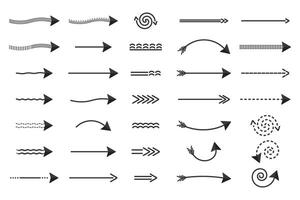 flèches direction de mouvement, ensemble de noir flèches de différent formes à pois tordu pointeurs Repères. vecteur éléments isoler