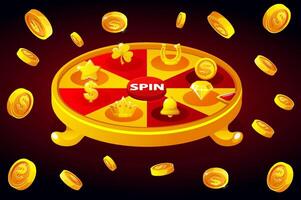roue de fortune avec Icônes pour le casino. vecteur Contexte avec explosion pièces de monnaie.