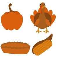 jour de Thanksgiving dans un style plat, dinde, légumes et tarte aux couleurs orange et marron vecteur