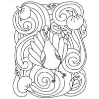 page de coloriage de Thanksgiving, dinde drôle, citrouilles et feuilles avec des motifs ornés vecteur