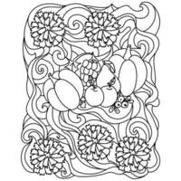 page de coloriage de Thanksgiving, chrysanthèmes et récolte avec des motifs ornés vecteur