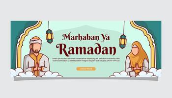 Ramadan kareem islamique illustration salutations sur bannière couverture page modèle avec musulman dessin animé vecteur