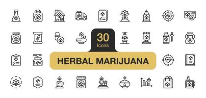 ensemble de 30 à base de plantes marijuana icône élément ensembles. comprend cannabis produit, marijuana, extraction, clinique, cbd huile, cannabis graines, huile, et plus. contour Icônes vecteur collection.