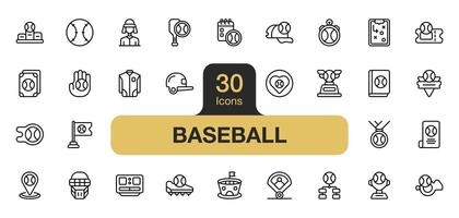 ensemble de 30 base-ball icône élément ensembles. comprend casque, billet, tournoi, trophée, carte, vêtements, et plus. contour Icônes vecteur collection.