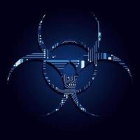 symbole de danger biologique avec un circuit électronique technologique. fond bleu. vecteur