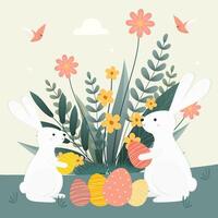 vecteur Pâques lapin avec œufs, fleurs