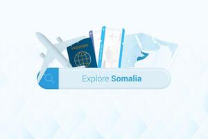 recherche des billets à Somalie ou Voyage destination dans Somalie. recherche bar avec avion, passeport, embarquement passer, des billets et carte. vecteur