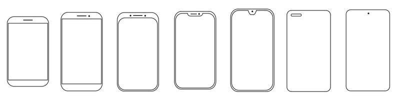 définir des smartphones de différents modèles noirs à la mode réalistes de haute qualité avec l'icône de vue avant de l'écran tactile vide. signe de smartphone maquette de ligne détaillée, téléphone mobile modèle linéaire, application, ui, ux, vue de face vecteur