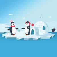 mignons pingouins aiment noël hiver animaux dessin animé pingouins glace océan avec poisson illustration vectorielle poisson pingouin animaux heureux iceberg