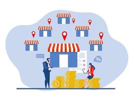 entreprise de magasin de franchise, les gens achètent et démarrent une petite entreprise, une entreprise ou un magasin avec un bureau à domicile, illustrateur vectoriel