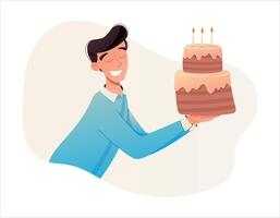 joyeux dessin animé vecteur homme souhaitant content anniversaire. serveur apportant une gâteau avec bougies.