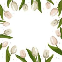 printemps carré Cadre avec blanc tulipes pour mots et texte. vecteur Contexte modèle avec fleurs pour conception, salutation carte, bannière, conseil, prospectus, vente, affiche