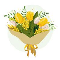 printemps isolé bouquet avec Jaune tulipes et mimosa. vecteur saveur avec les plantes pour conception, salutation carte, bannière, conseil, prospectus, vente, affiche