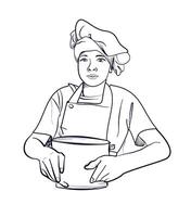 une dessiné à la main dessin de une chef dans une chapeau et tablier avec une casserole dans le sien mains vecteur