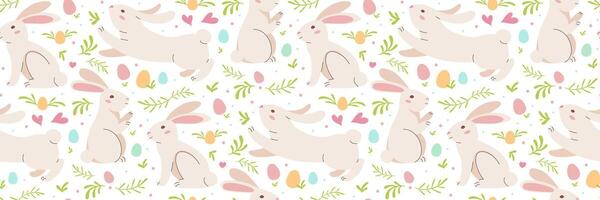 content Pâques lapin sans couture modèle. coloré Pâques des œufs. des œufs avec lapins, végétation. traditionnel de fête décor. adapté pour salutation cartes, bannière, textile, fonds d'écran. vecteur illustration.