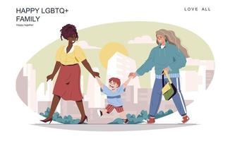 concept de famille lgbt heureux. mères de sexe féminin avec fils marchant dans la rue, passe-temps ensemble. couple multiracial diversifié, relation lesbienne et maternité. illustration vectorielle de personnes au design plat vecteur