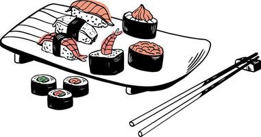 Sushi asiatique poisson nourriture main tiré vecteur ensemble avec assiette baguettes et épices isolé sur blanc