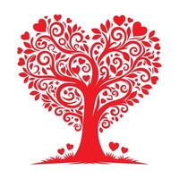 rouge l'amour arbre avec cœur feuilles. main dessiner Valentin journée arbre silhouette agrafe art isolé sur blanc arrière-plan, vecteur illustration