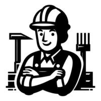 ai généré Facile ouvrier homme dessin animé avec outil, constructeur construction logo monochrome icône noir silhouette conception style vecteur illustration international la main d'oeuvre journée concept