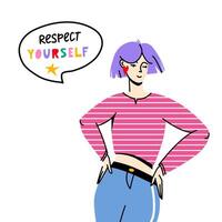 indépendant Jeune femme avec discours bulle. le respect toi même main tiré caractères. féminisme et soi l'amour concept. vecteur plat coloré illustration