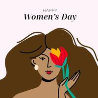 international aux femmes journée carte postale moderne conception. magnifique femme en portant tulipe. féminisme et soi l'amour concept. plat coloré vecteur isolé illustration