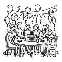 Célibataire continu dessin noir ligne famille dîner séance à table à fête anniversaire anniversaire fête griffonnages vecteur