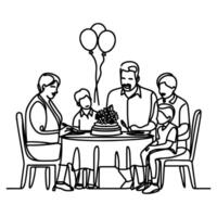 Célibataire continu dessin noir ligne famille dîner séance à table à fête anniversaire anniversaire fête griffonnages vecteur