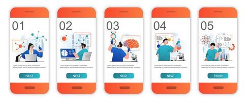 écrans d'intégration du concept de recherche scientifique pour les modèles d'applications mobiles. les scientifiques font des tests en laboratoire. kit d'interface utilisateur d'écrans ui, ux, gui modernes avec des scènes de personnes pour la conception Web. illustration vectorielle vecteur