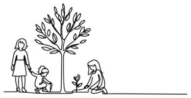 continu un noir ligne art dessin silhouette de les enfants plantation arbre. pelle creuse les racines plante dans sol à enregistrer le monde et Terre journée réduire global chauffage croissance vecteur