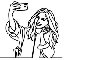 continu un noir ligne art dessin de bonne humeur Jeune fille en portant téléphone intelligent à prise agissant selfie ou vidéo appel par mobile téléphone contour griffonnage vecteur famille Voyage concept