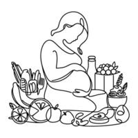 Célibataire continu noir ligne art dessin linéaire art médicament santé se soucier grossesse en bonne santé avec Enceinte nourriture griffonnage vecteur illustration