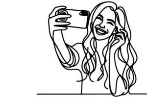 continu un noir ligne art dessin de bonne humeur Jeune fille en portant téléphone intelligent à prise agissant selfie ou vidéo appel par mobile téléphone contour griffonnage vecteur famille Voyage concept