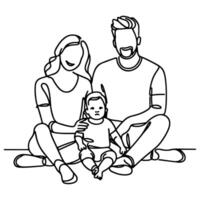 continu un noir ligne art dessin content famille père et mère avec enfant griffonnages style vecteur illustration sur blanc