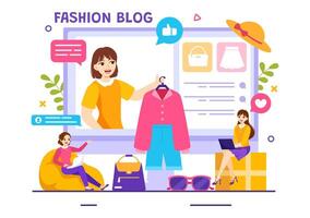 mode Blog vecteur illustration avec blogueurs la revue vidéos de à la mode vêtements les tendances et courir en ligne dans plat dessin animé Contexte style