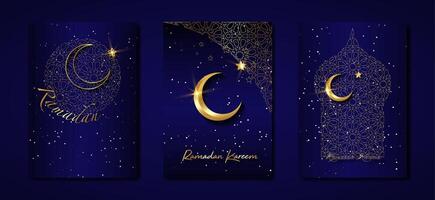 Ramadan kareem 2024 vecteur ensemble bleu carte. or moitié lune sur bleu étoilé Contexte