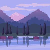 vecteur illustration de un soir ou Aube paysage de le Lac dans le montagnes