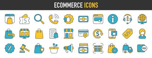 commerce électronique icône ensemble. tel comme en ligne achats, livraison, emplacement, scanner, boutique, prime qualité, plus. affaires électroniques symbole. solide Icônes vecteur collection.