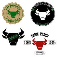 BIO, herbe nourris, Frais cultiver, prime du boeuf logos ou Étiquettes avec taureau ou vache diriger. vecteur illustration conception