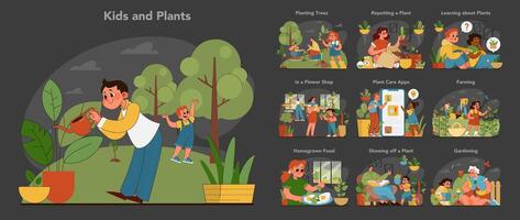 des gamins et les plantes ensemble. plat vecteur illustration