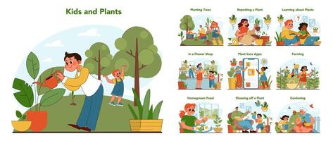 des gamins et les plantes ensemble. plat vecteur illustration