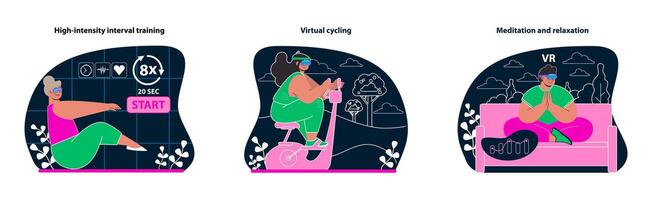 vr faire des exercices série. haute intensité entraînement, virtuel vélo, et méditation pour holistique santé. vecteur