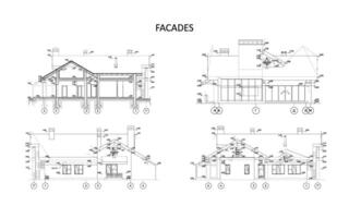 ensemble de privé maison façades, détaillé architectural technique dessin, vecteur plan