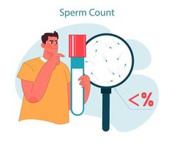 sperme compter. concerné homme évalue le sien sperme compter, à la recherche à agrandie vecteur