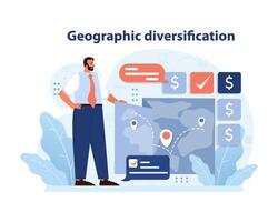 sur de soi homme d'affaire présente géographique diversification stratégie. plat vecteur illustration