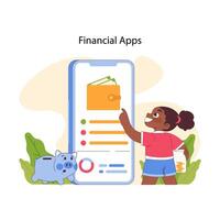 poche argent concept. Jeune fille explore une financier application, apprentissage vecteur