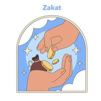 zakat charité concept représenté avec pièces de monnaie remis à le nécessiteux. plat vecteur illustration